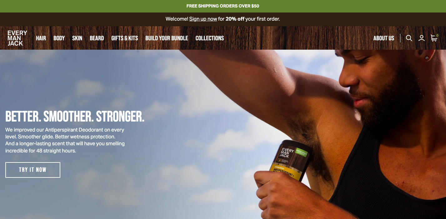 Every Man Jack using Try It Now for call to action placement on the homepage header
