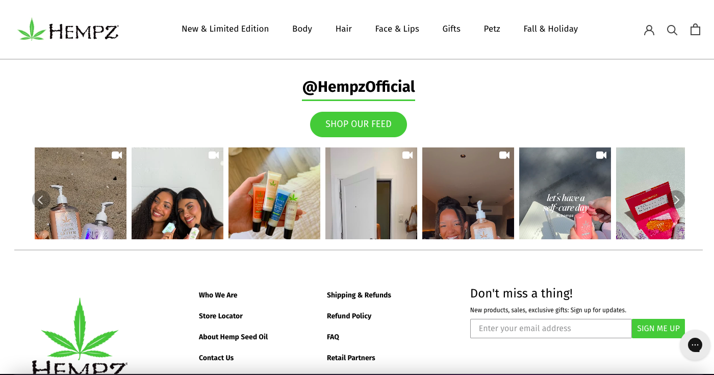 Hempz shop the feed homepage CTA placement right above the footer