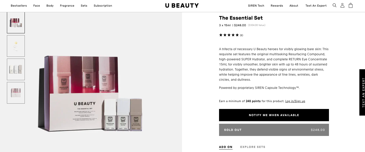 U Beauty product page out of stock CTA example