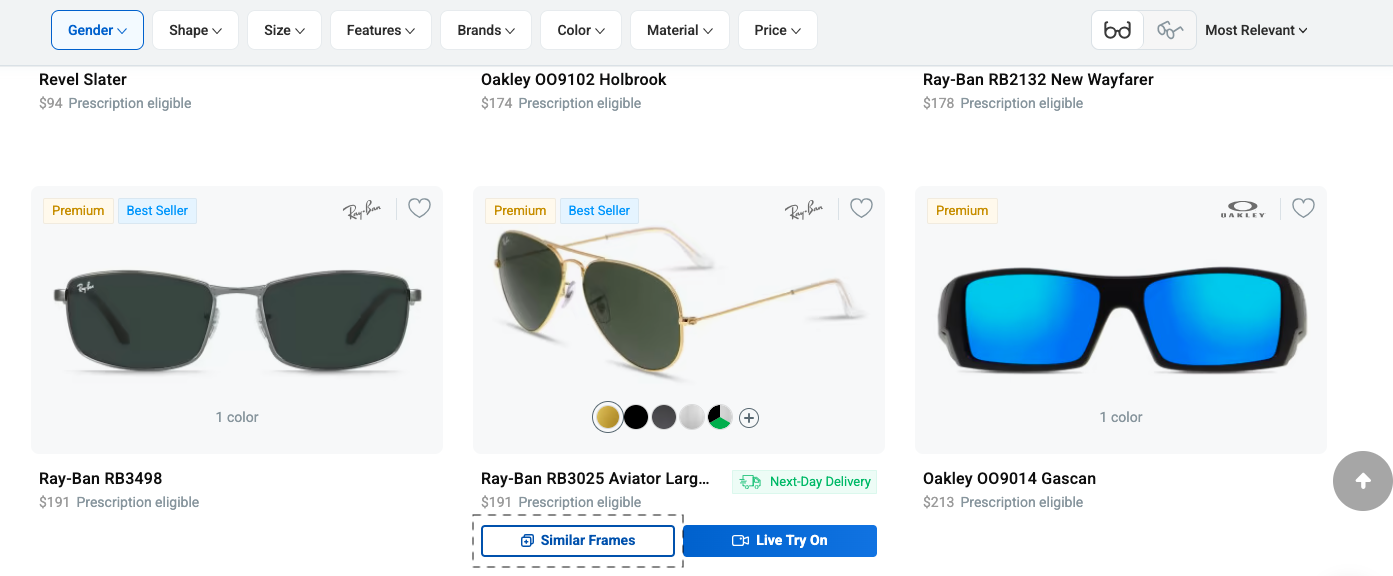 GlassesUSA showing a high-converting secondary CTA to help shoppers find similarly priced recommendations