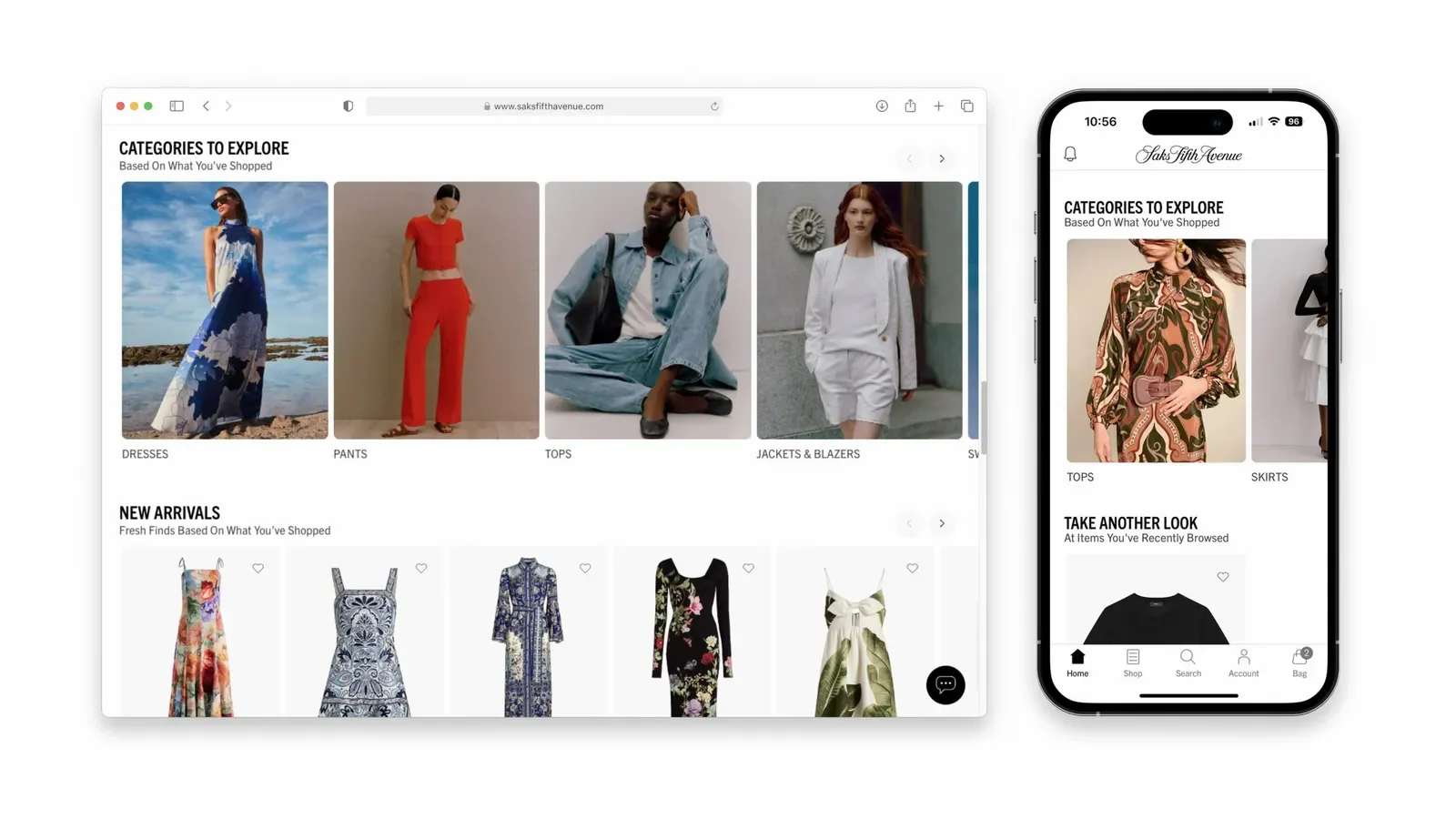 Saks Fifth Avenue eCommerce personalization example showing AI-powered homepage with dynamic product recommendations and category blocks.