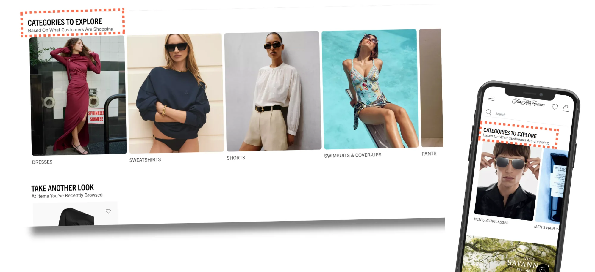 AI personalization example of Saks homepage updating recommendations in real time from browsing behavior.