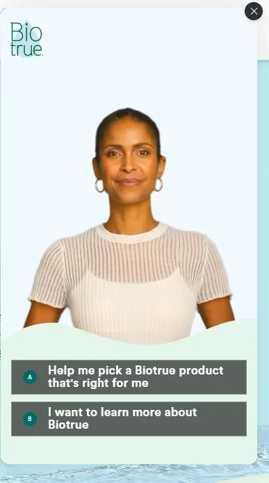 Bio True AI personalization example with interactive shopping agent using video and audio for guided product discovery.