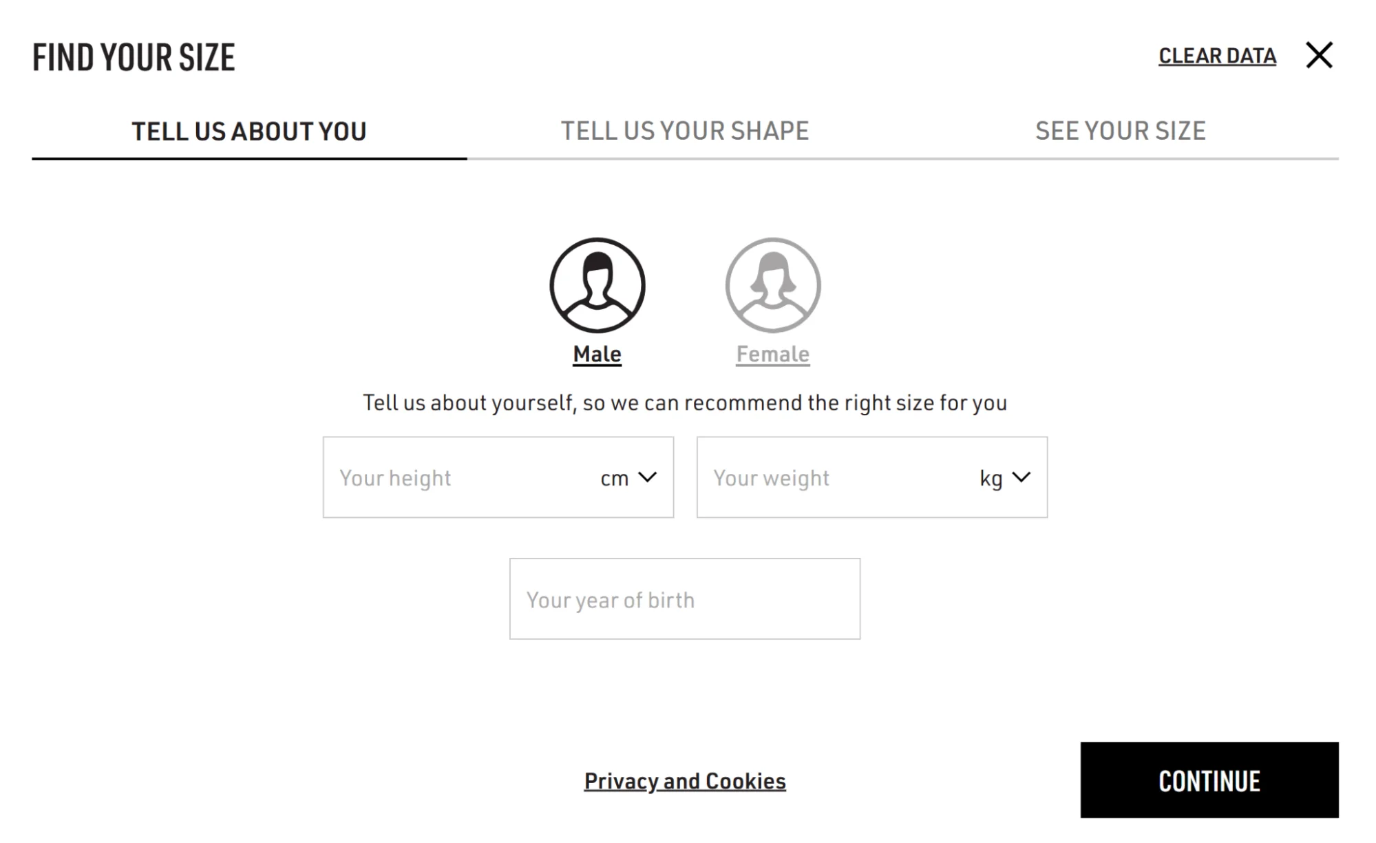 Golden Goose eCommerce personalization quiz recommending sizes based on shopper data like body shape and age.