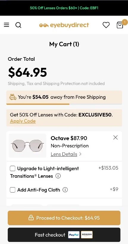 Eye Buy Direct AI personalization example showing cart page with real-time discounts, free shipping bar, and predictive offers.