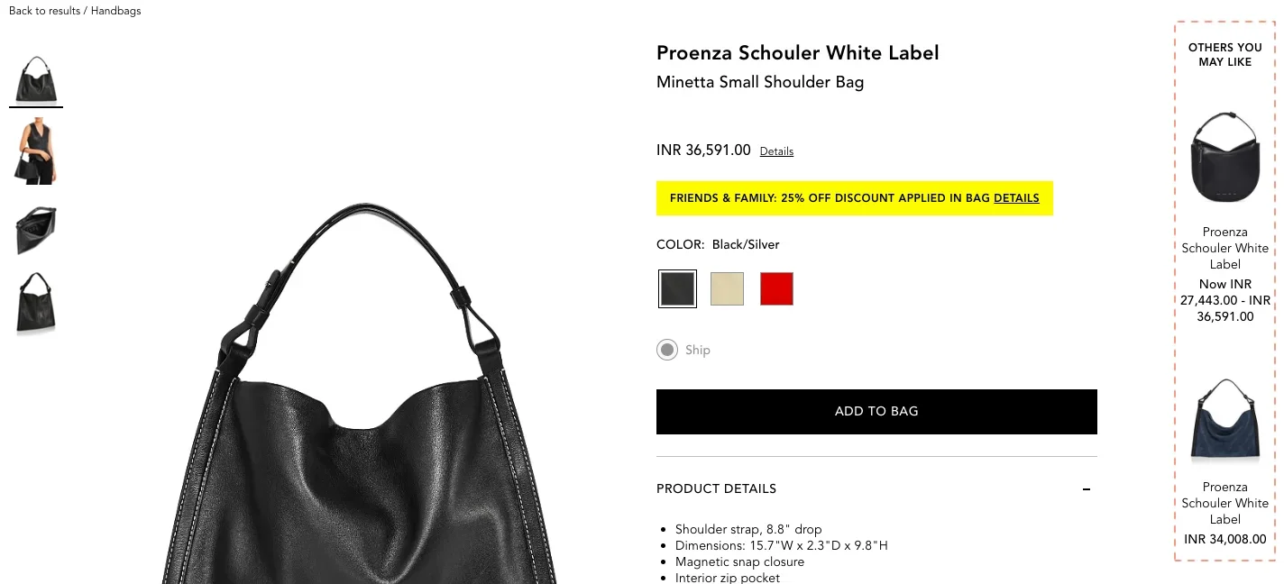 Bloomingdale’s eCommerce personalization example with product detail page showing tailored recommendations and auto-applied discounts.