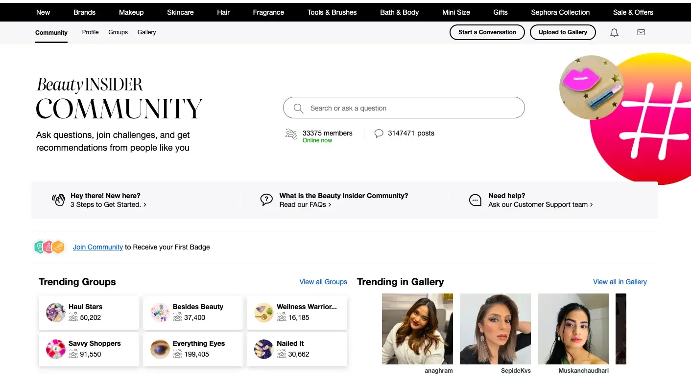 Sephora eCommerce personalization example with Beauty Insider community, featuring autofill search, trending content, and social proof.