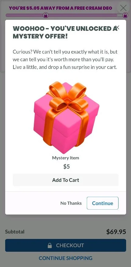 Lume eCommerce personalization example at checkout showing $5 mystery item upsell to increase average order value and encourage checkout completions
