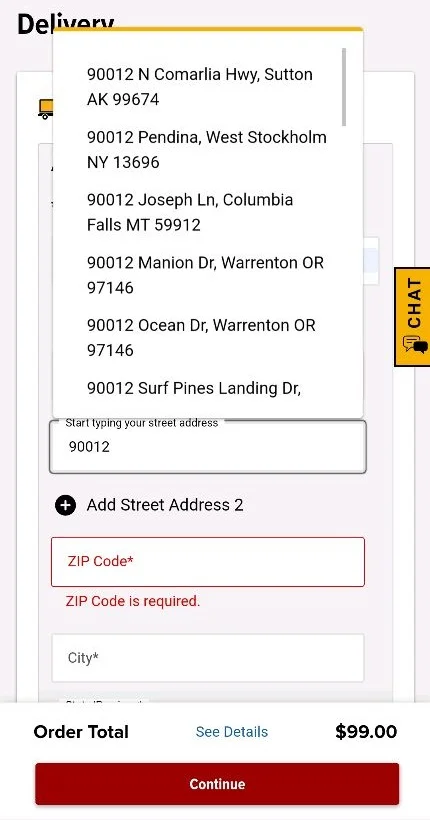 Northern Tool mobile checkout personalization example showing auto-filled address fields based on browser location.