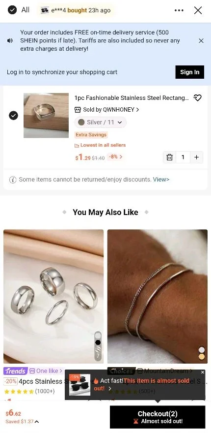 Shein checkout personalization example with stock-level nudges, free delivery messaging, and urgency prompts near CTA.