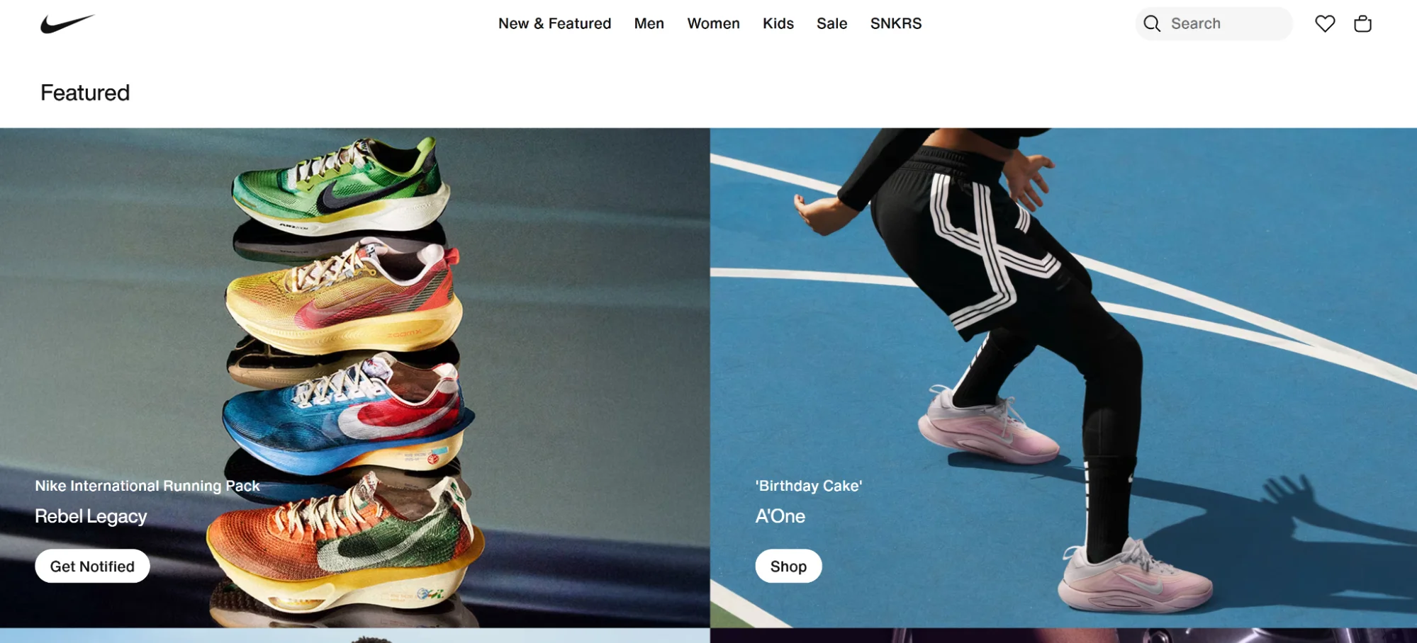 Nike US personalization example showing basketball and running collections with sticky navigation.