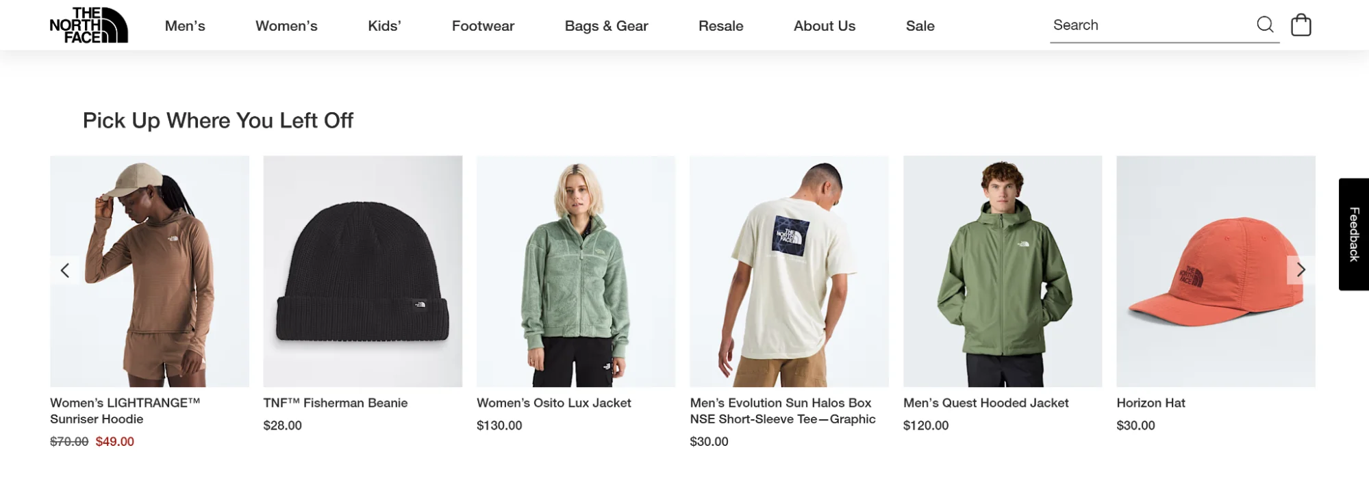 North Face AI personalization example showing rain gear and warm-weather apparel on US homepage.