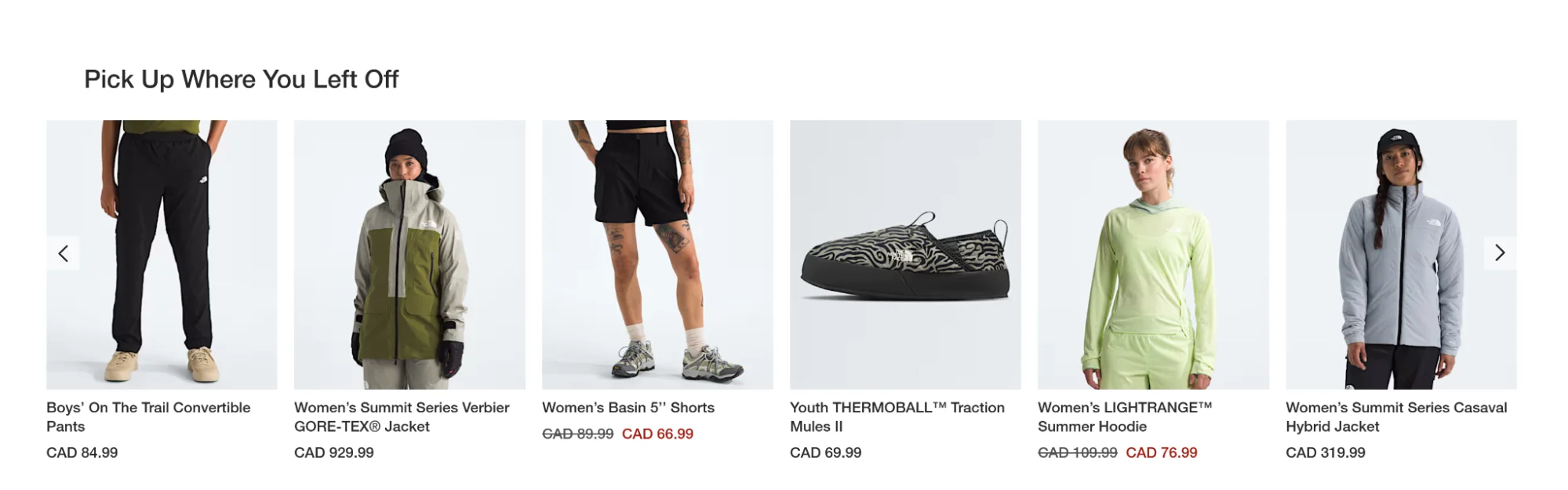 North Face Canada personalization example showing cold-weather jackets with prices in CAD.