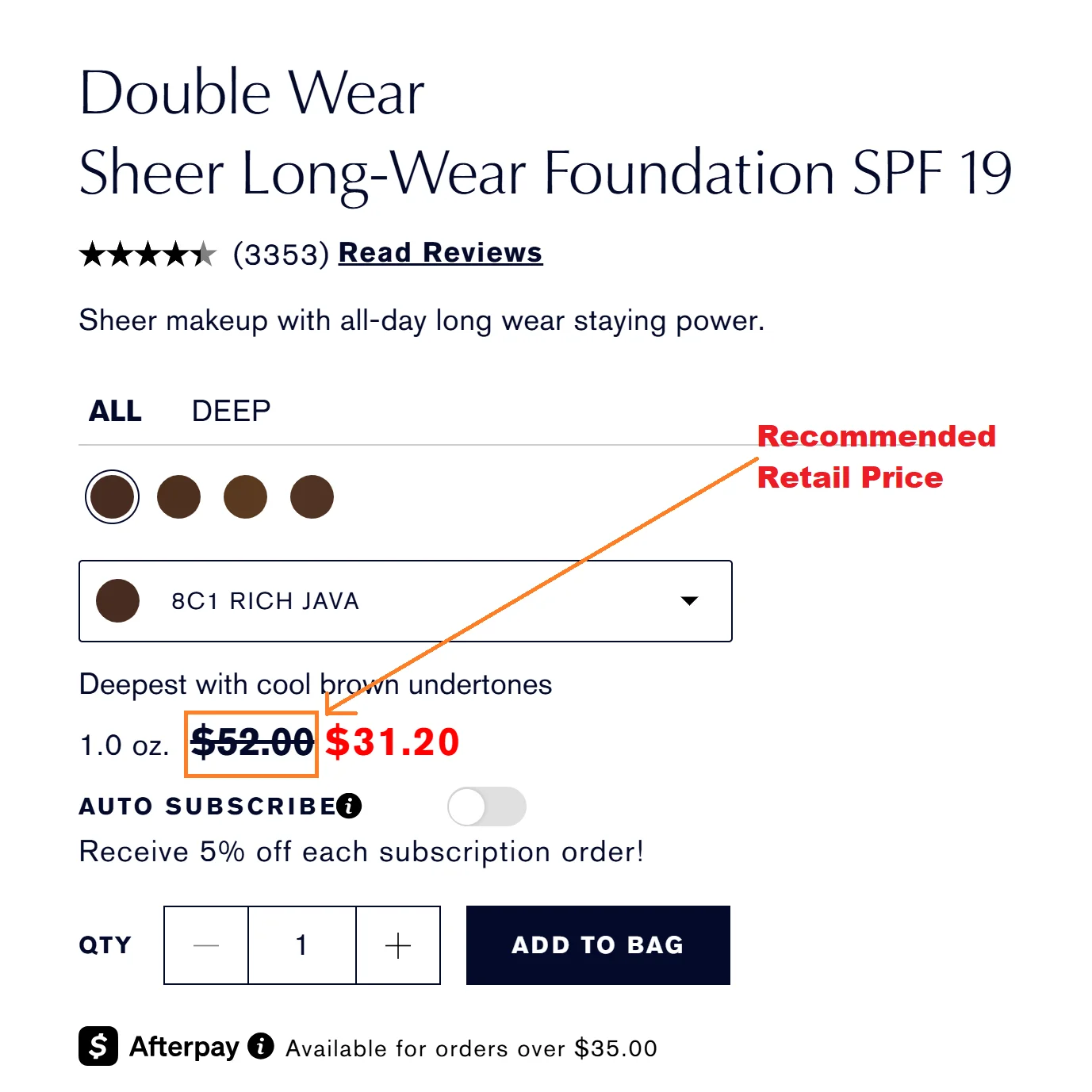 Recommended retail price example from Estee Lauder