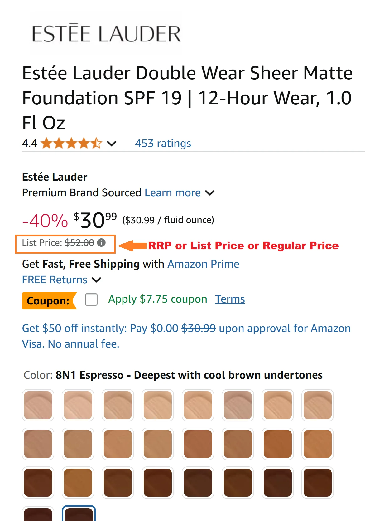 Amazon's PDP showing Estee Lauder's RRP