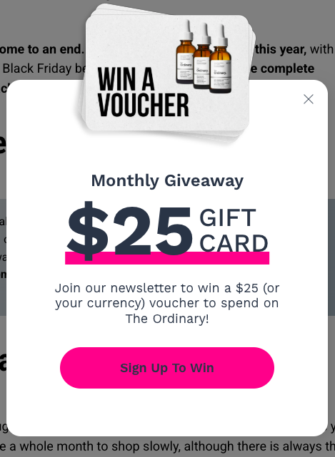 example of a monthly giveaway from Deciem that shoppers can redeem while buying from The Ordinary