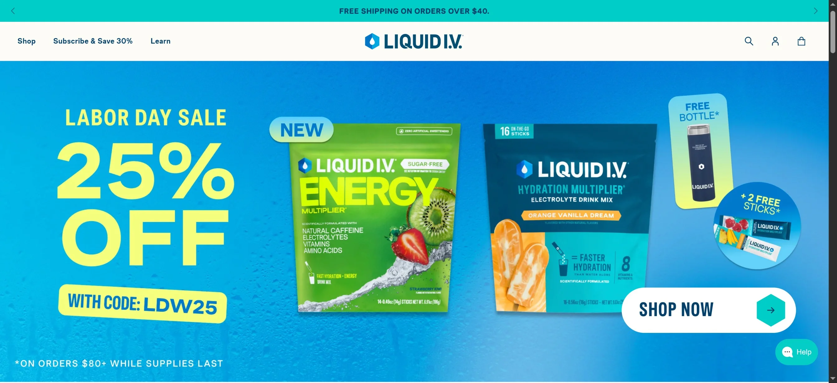 Liquid IV homepage banner promoting a new product line with discount and free merchandise callout