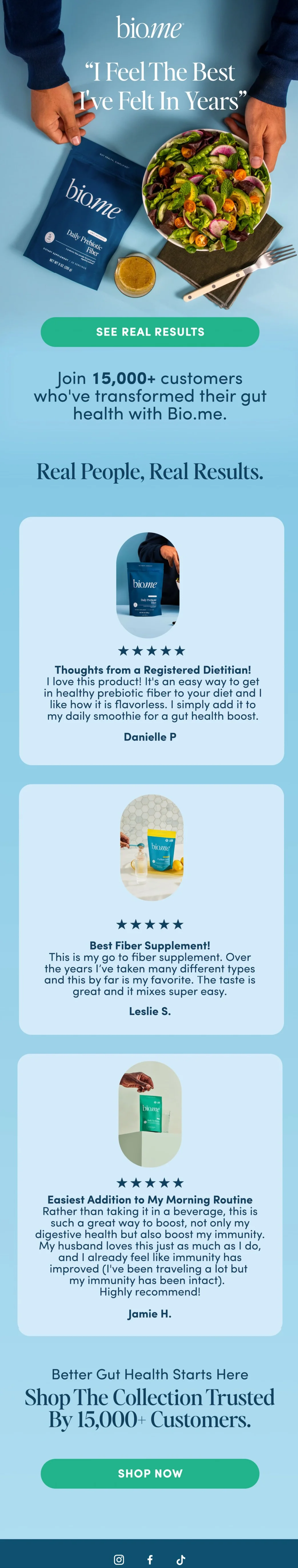 Welcome email from Bio.me showing reviews for product lines a shopper viewed