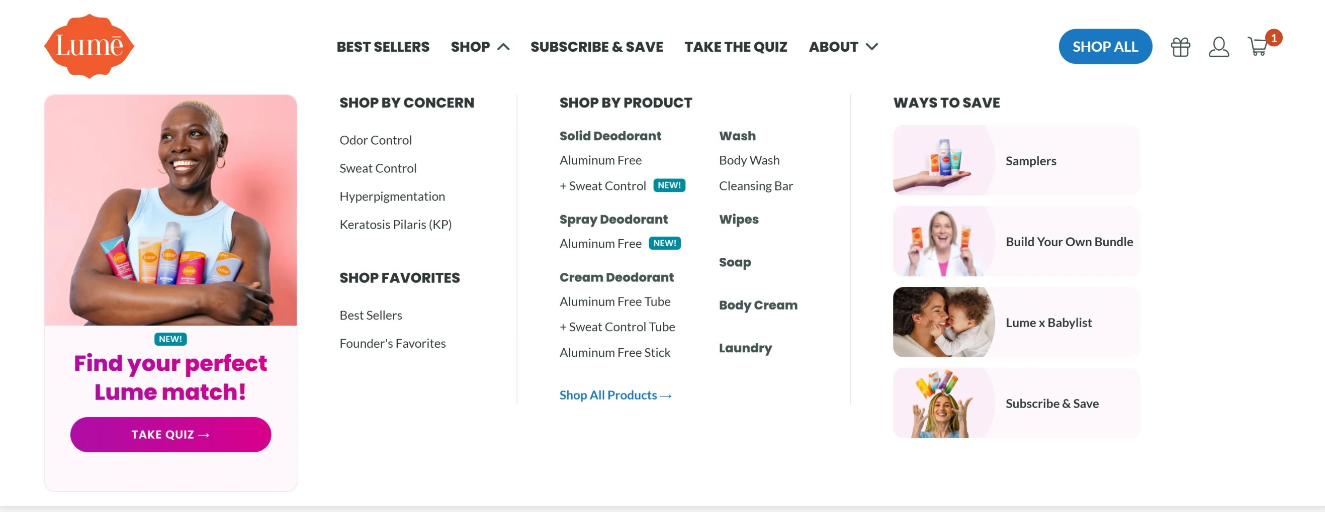 Lume Deodorant showing both ‘shop by concern’ and ‘shop by product’ navigation to showcase product line expansions and extensions