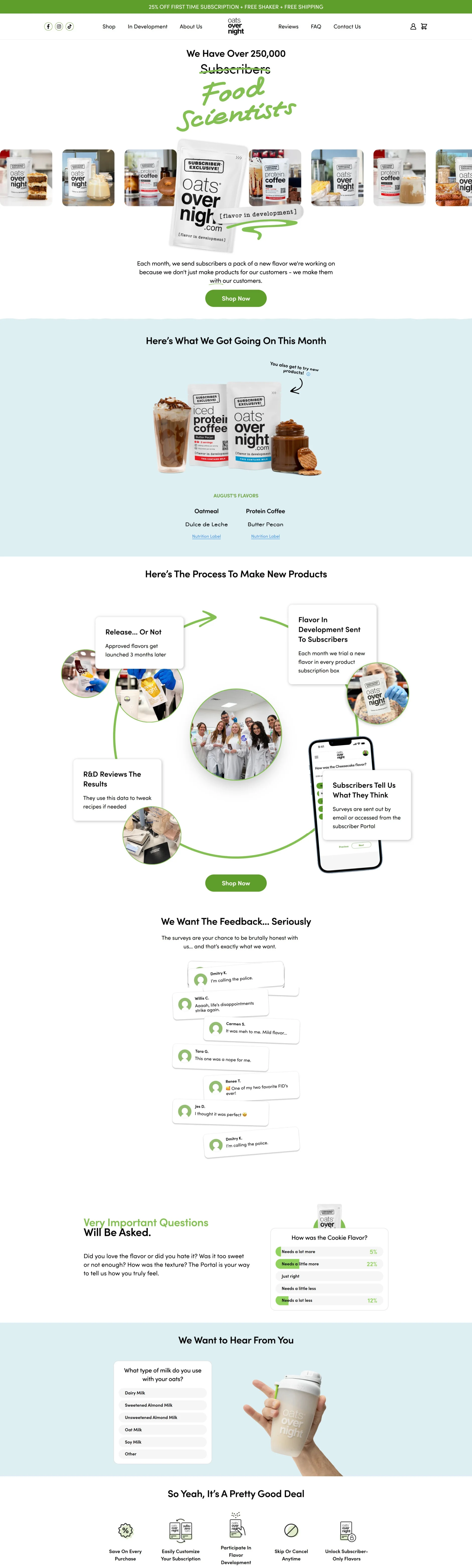 Oats Overnight page showing how they develop new product line extensions, with social proof