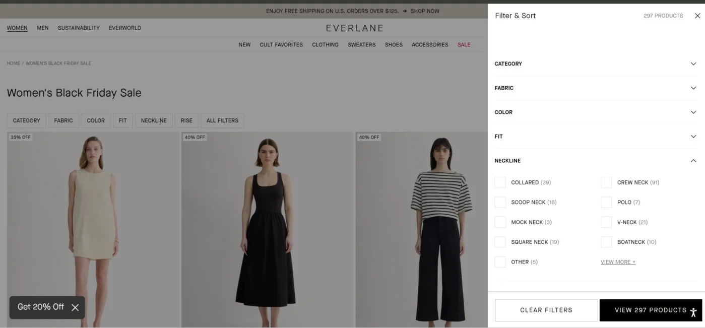 AI optimized filters during BFCM on Everlane's Black Friday Sale page