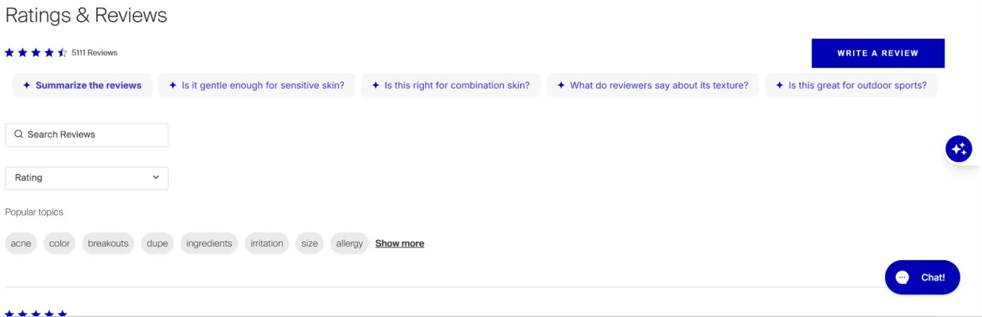 Example of AI generated review summaries for BFCM from Supergoop