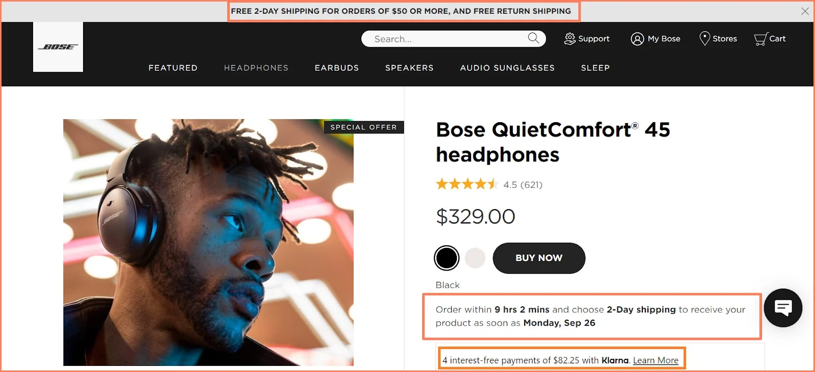Bose free 2-day shipping nudge and free return shipping