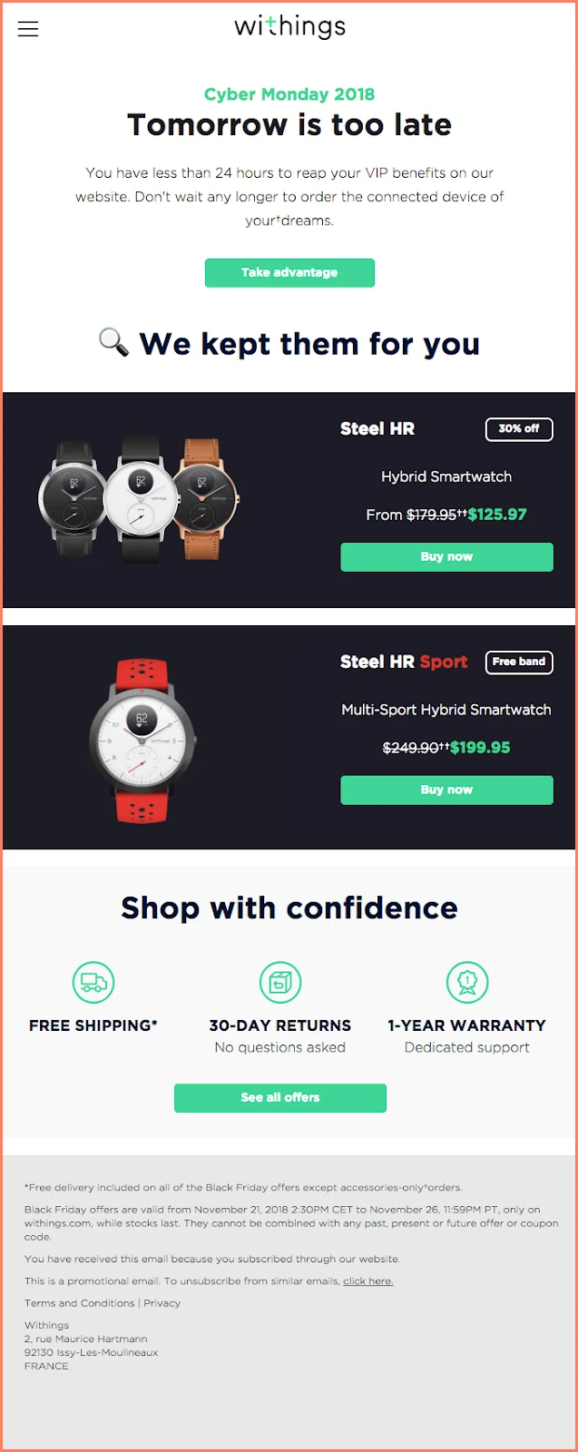 Withings Cyber Monday cart recovery email