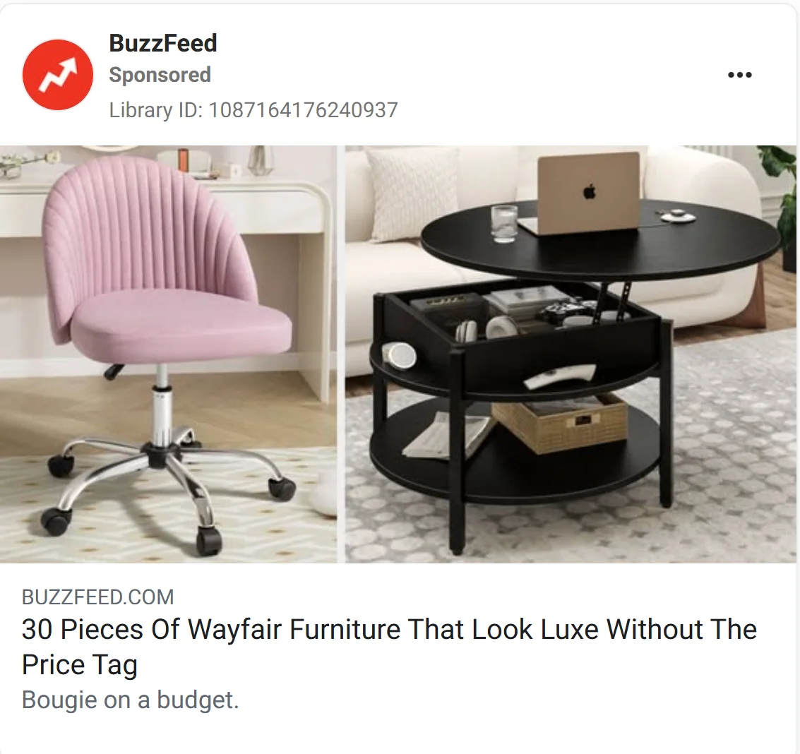 Buzzfeed retargeting ad in collab with Wayfair launched during BFCM to serve as inspiration and recover carts and create social proof