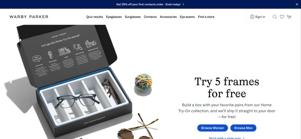 Warby Parker At home trial, buy and try sales campaign example