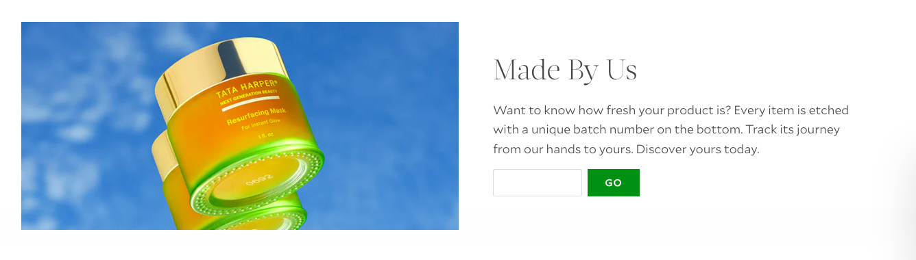Tata Harper features a CTA for shoppers to key in unique product codes to build trust and drive more beauty sales