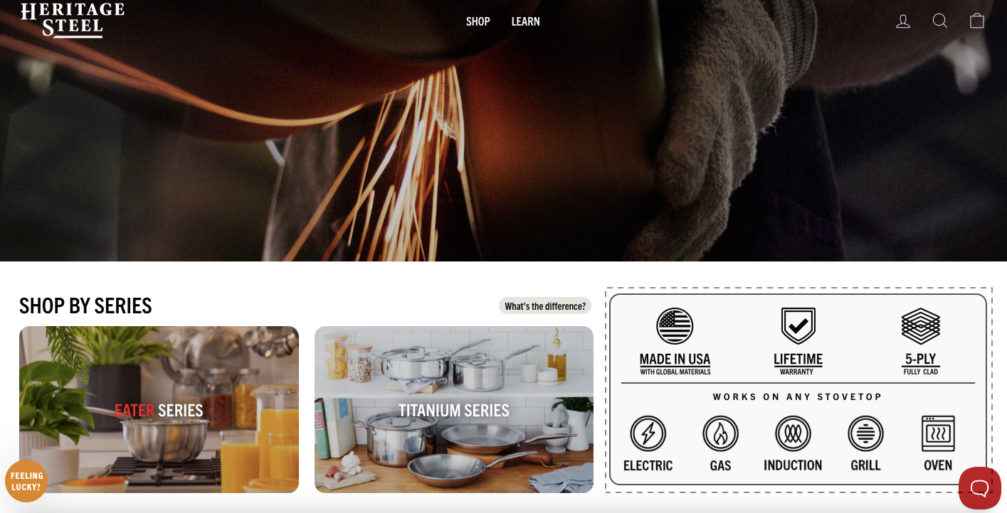 Heritage Steel uses trust signals in the homepage first fold to increase cookware conversions