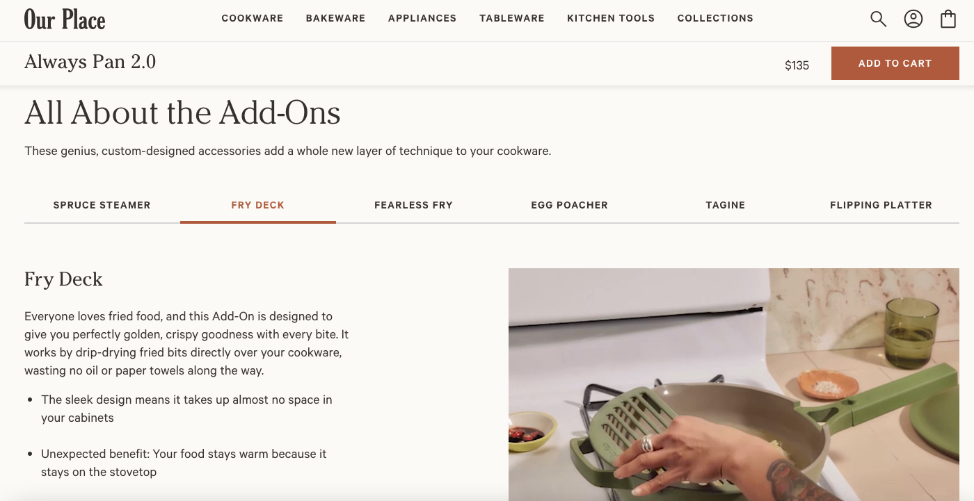Our Place features educational content on add ons to help cookware shoppers make informed choices