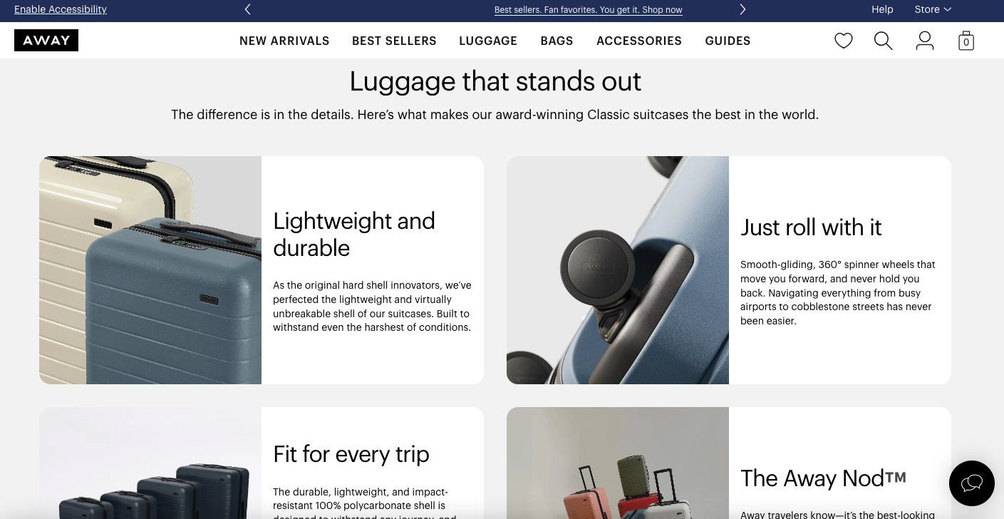 Away creates content on brand and product differentiation to sell more luggage products