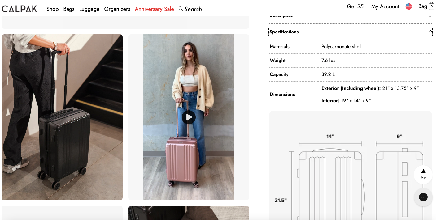 Calpak features line drawings within the product description card to improve luggage store conversions