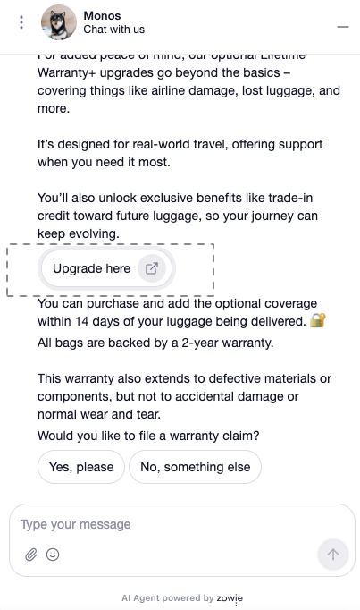 Monos lets shoppers upgrade over live chat function