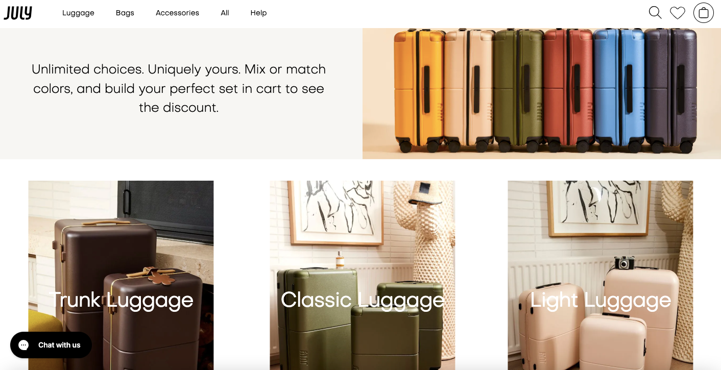 July allows shoppers to mix and match bundles to convert more luggage shoppers
