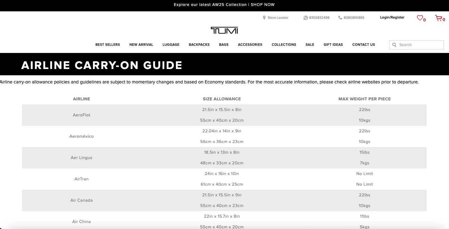 TUMI features an airline carry-on guide to create more luggage sales across customer segments
