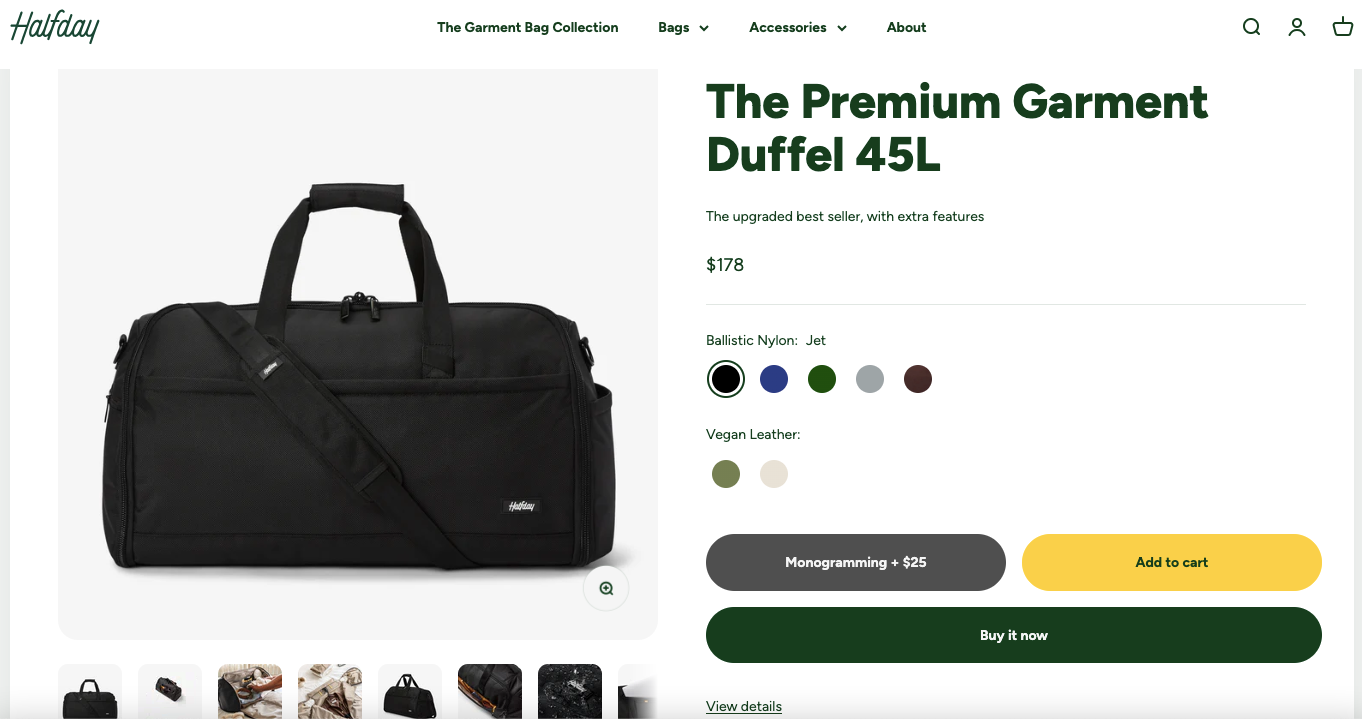 Halfday uses a product page like spread on the homepage to draw attention to a hero product