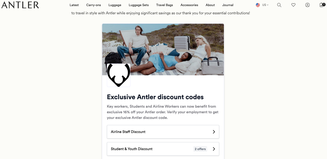Antler features a separate page to highlight discounts for specific customer segments
