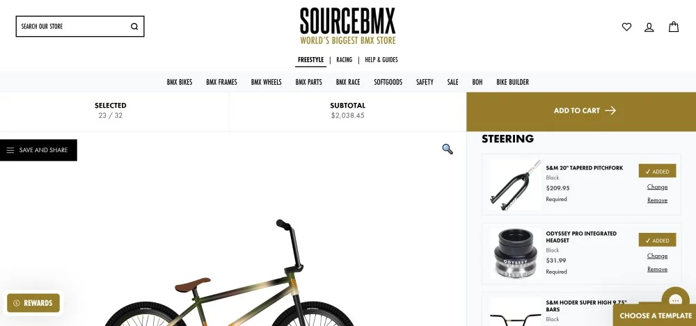 SourceBMX bike builder interface showing interactive customization and gamified shopping experience