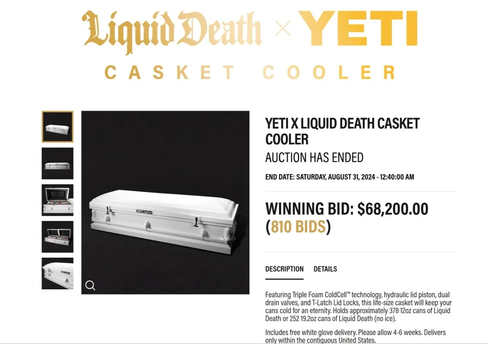 Liquid Death exclusive auction page showing limited edition product and live bidding gamification