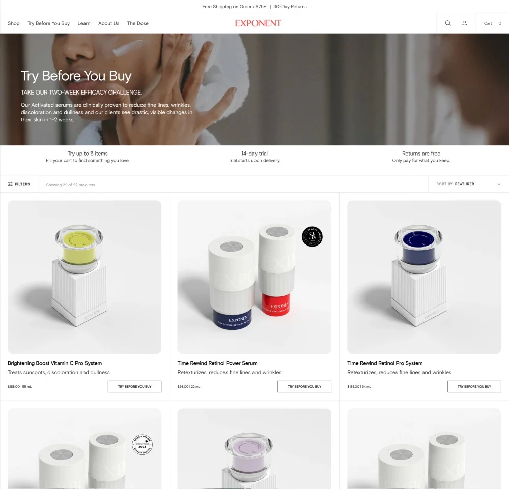 Exponent Skincare landing page showing try-before-you-buy challenge offer with refund guarantee