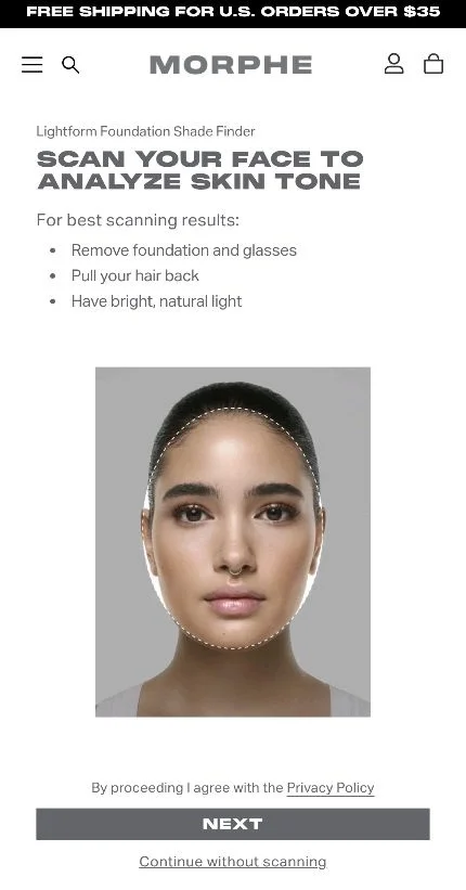 Morphe AR skin analysis tool scanning shopper’s face for personalized makeup recommendations