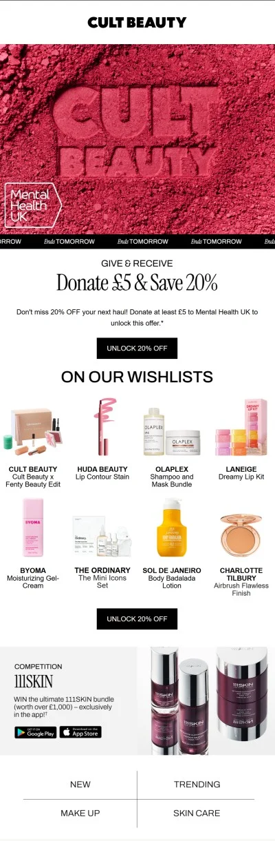 Cult Beauty donation unlock offer showing 5 Euro donation unlocking 20% discount deal