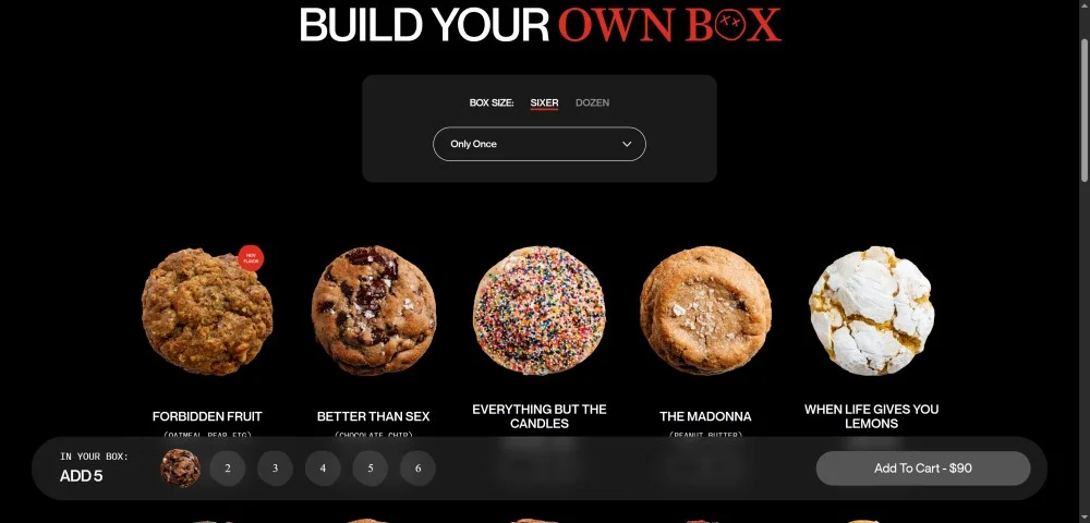 Last Crumb cookie bundle builder interface showing gamified product selection and subscription options