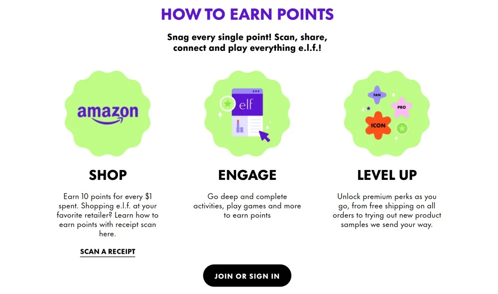 ELF loyalty program showing how to earn points