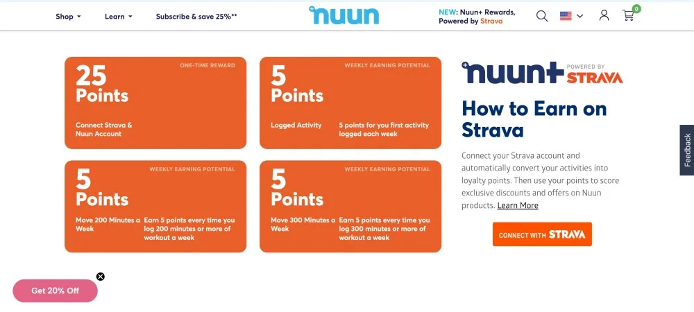 Nuun Hydration app interface showing Strava integration and fitness-based rewards gamification