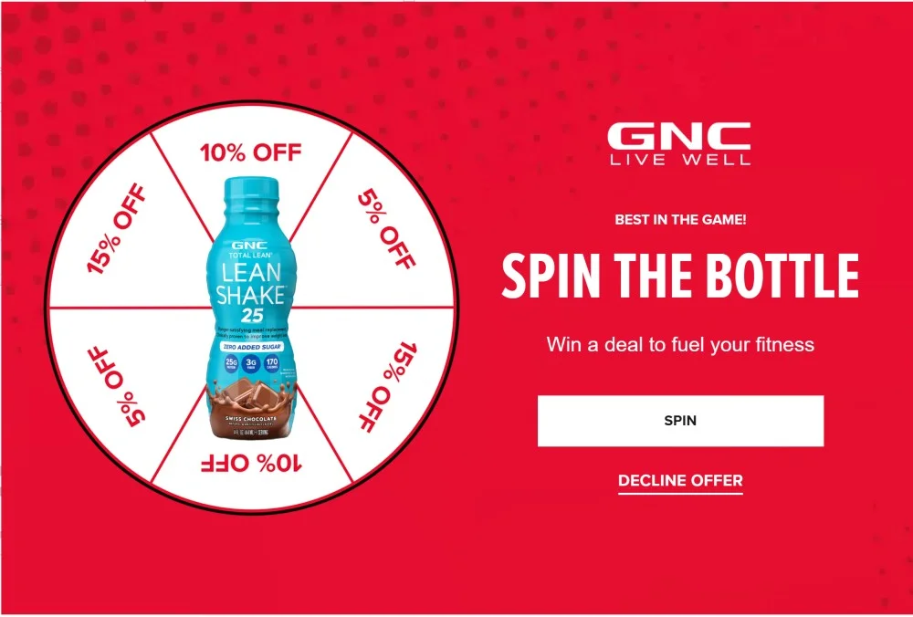 GNC exit intent pop-up with spin-the-wheel game offering discount and lead capture