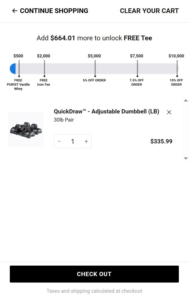 REP Fitness cart page showing progress bar for unlocking free gifts and discounts